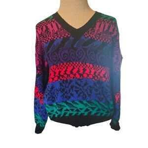 Vintage 80s Sweater Womens Medium White Rainbow Stripe V Neck Size M